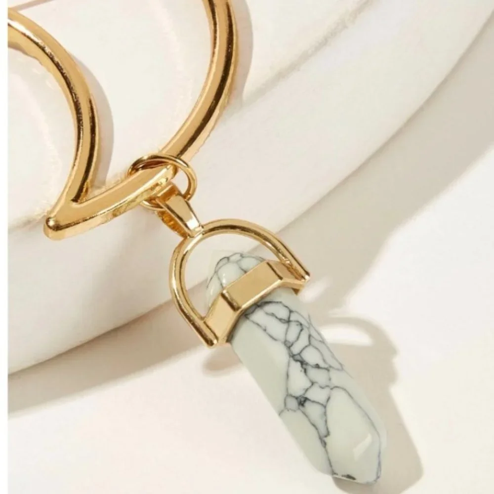 Boho Gold Crescent Moon Hair Pin with White Marble Stone Pendant Celestial Hair